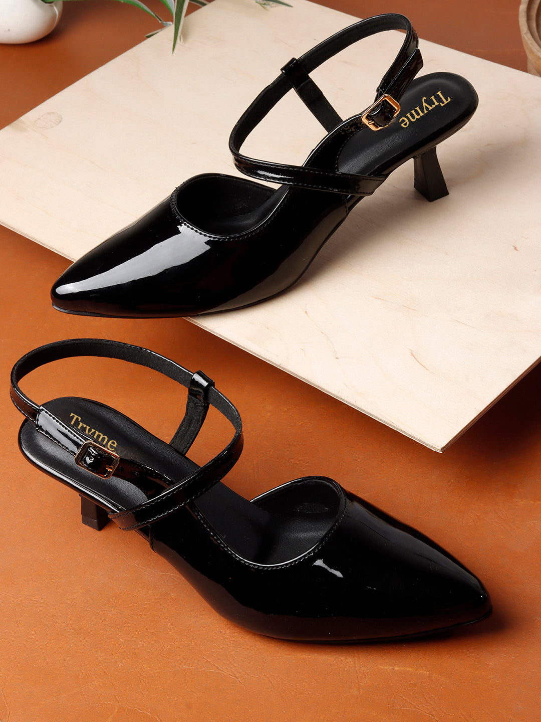 Elegant Patent Pointed Toe Slingback Kitten Heel Mules-Black