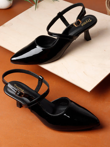 Elegant Patent Pointed Toe Slingback Kitten Heel Mules-Black