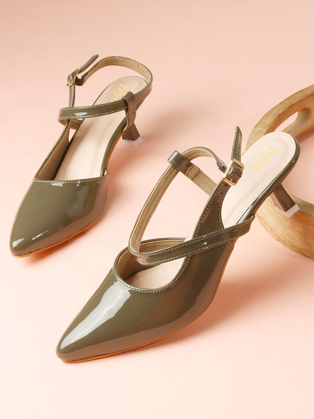 Elegant Patent Pointed Toe Slingback Kitten Heel Mules-Olive