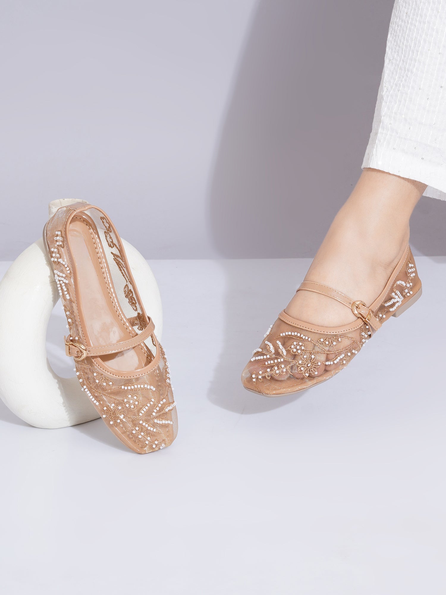 Elegant Pearl & Sequin Strap Mary Jane Style Ballerinas