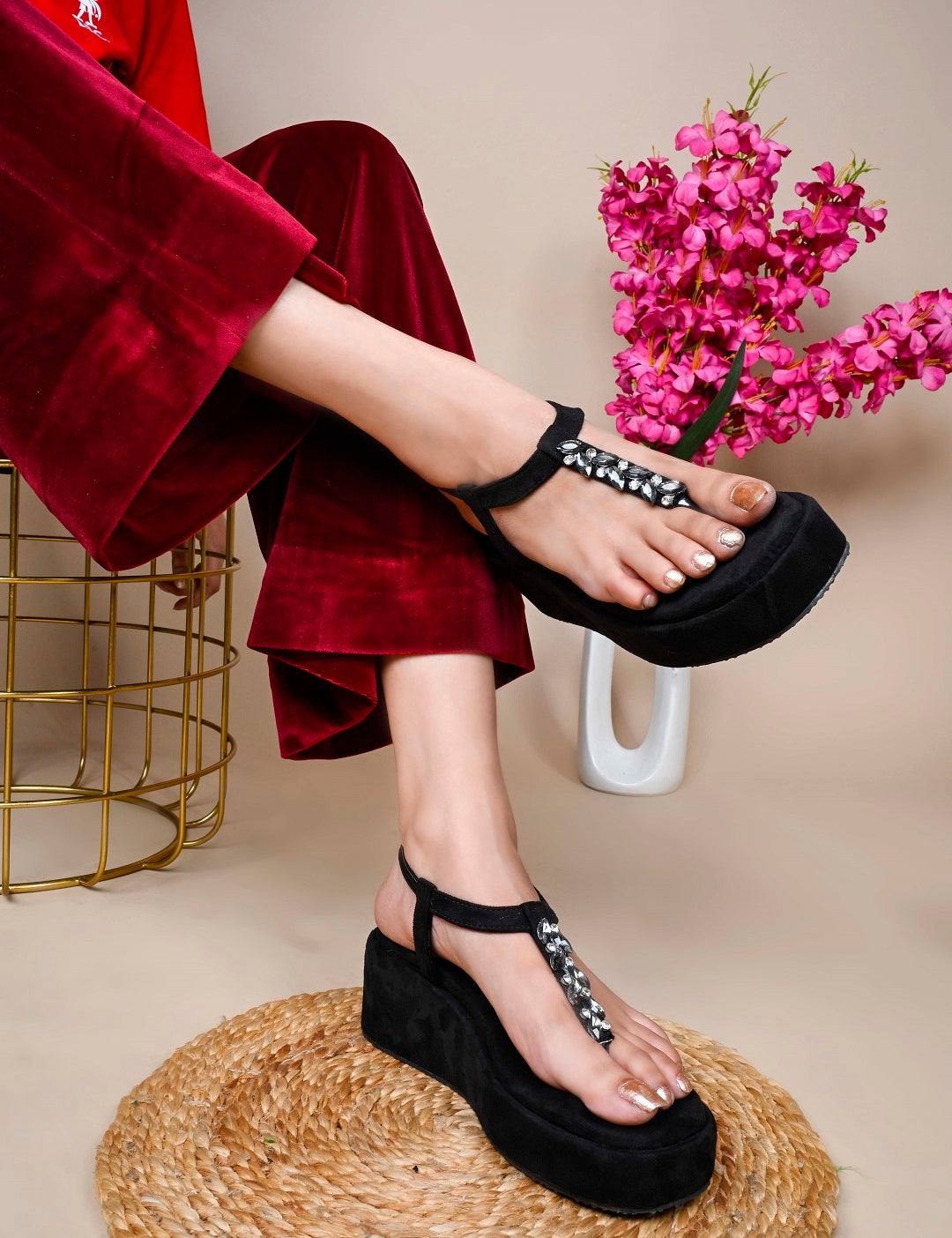 Crystal Embellished Detail Wedge Comfort Heels