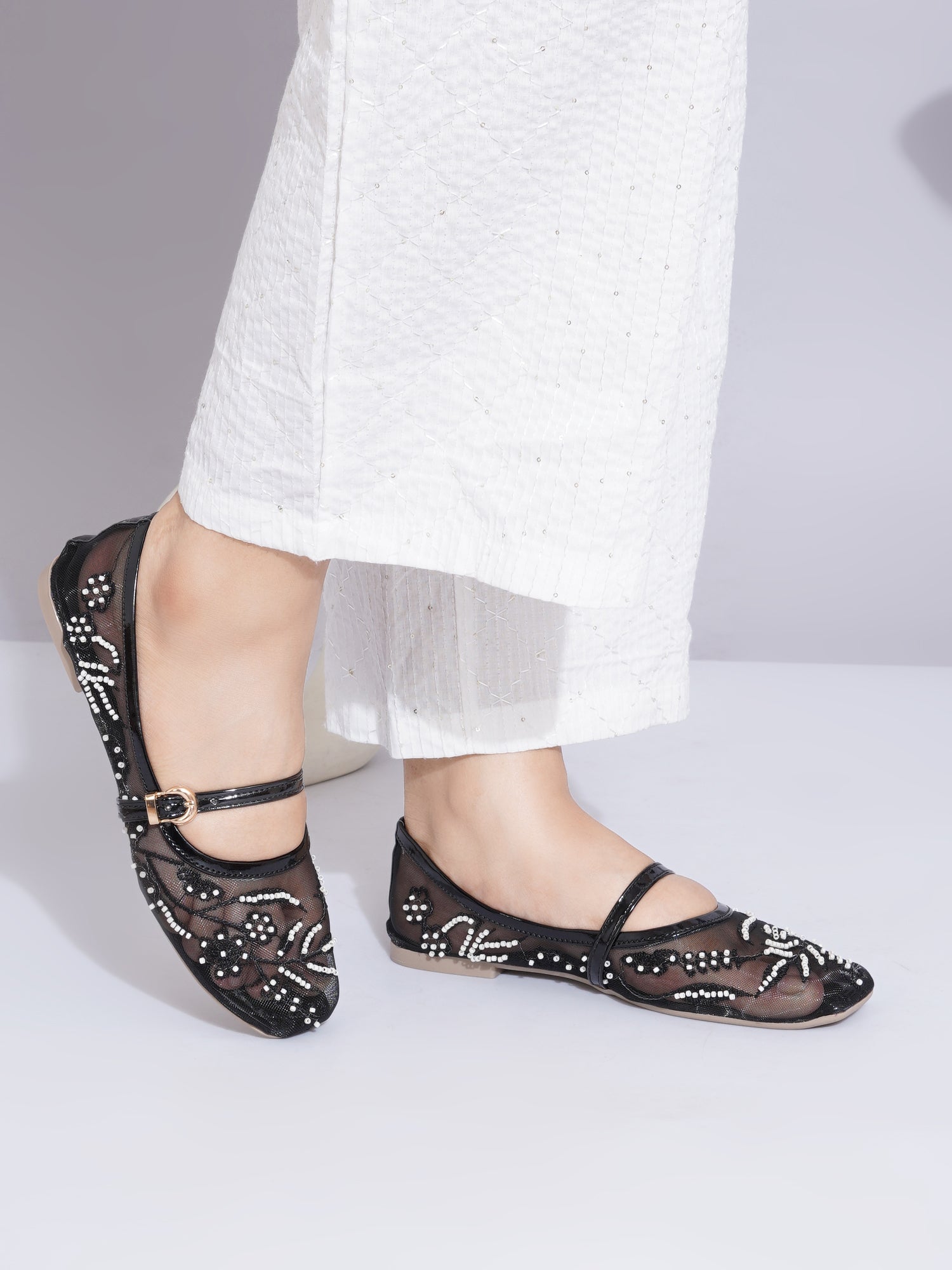Elegant Pearl & Sequin Strap Mary Jane Style Ballerinas