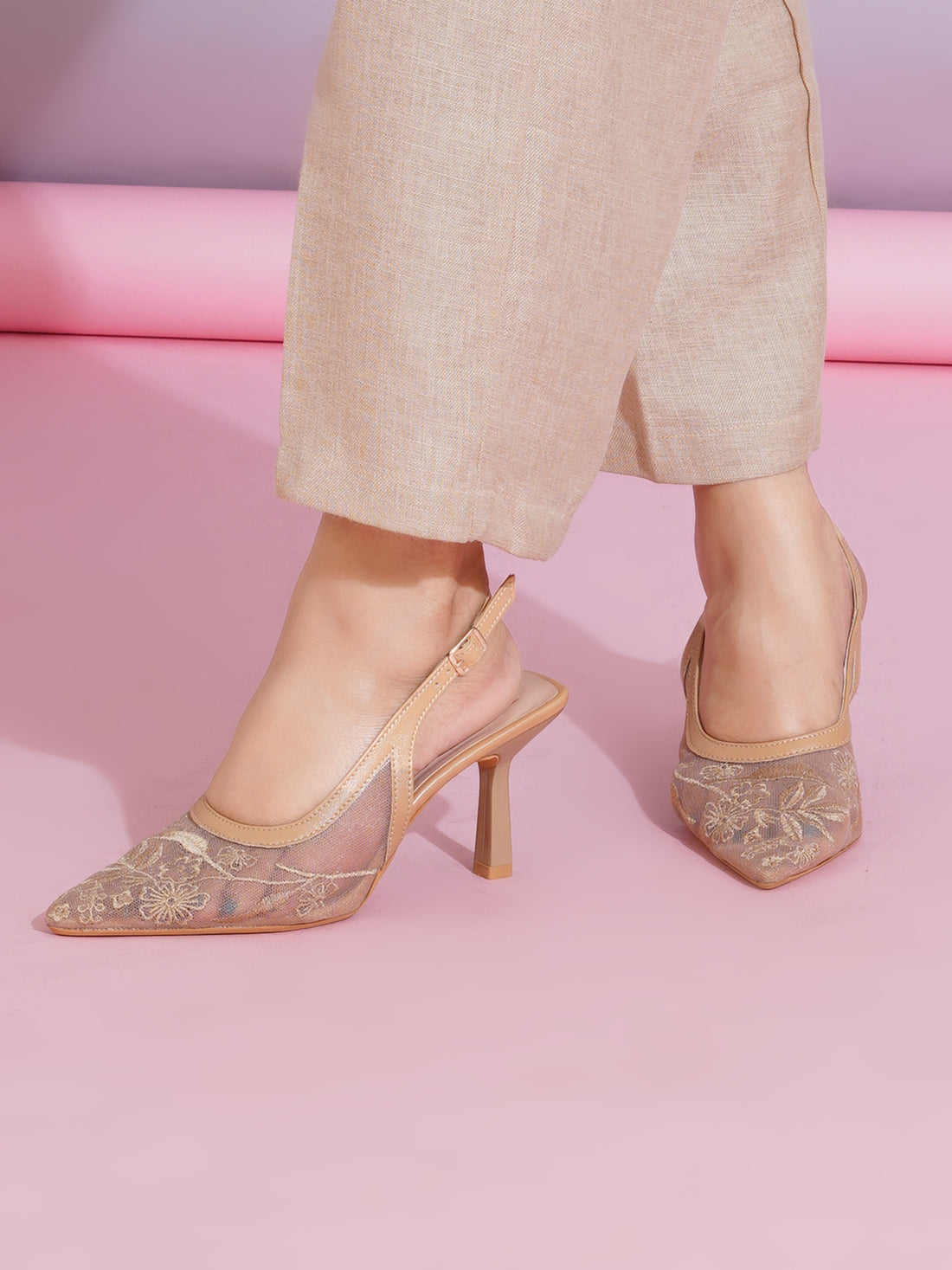 Floral Embroidered Mesh Slingback Kitten Heels