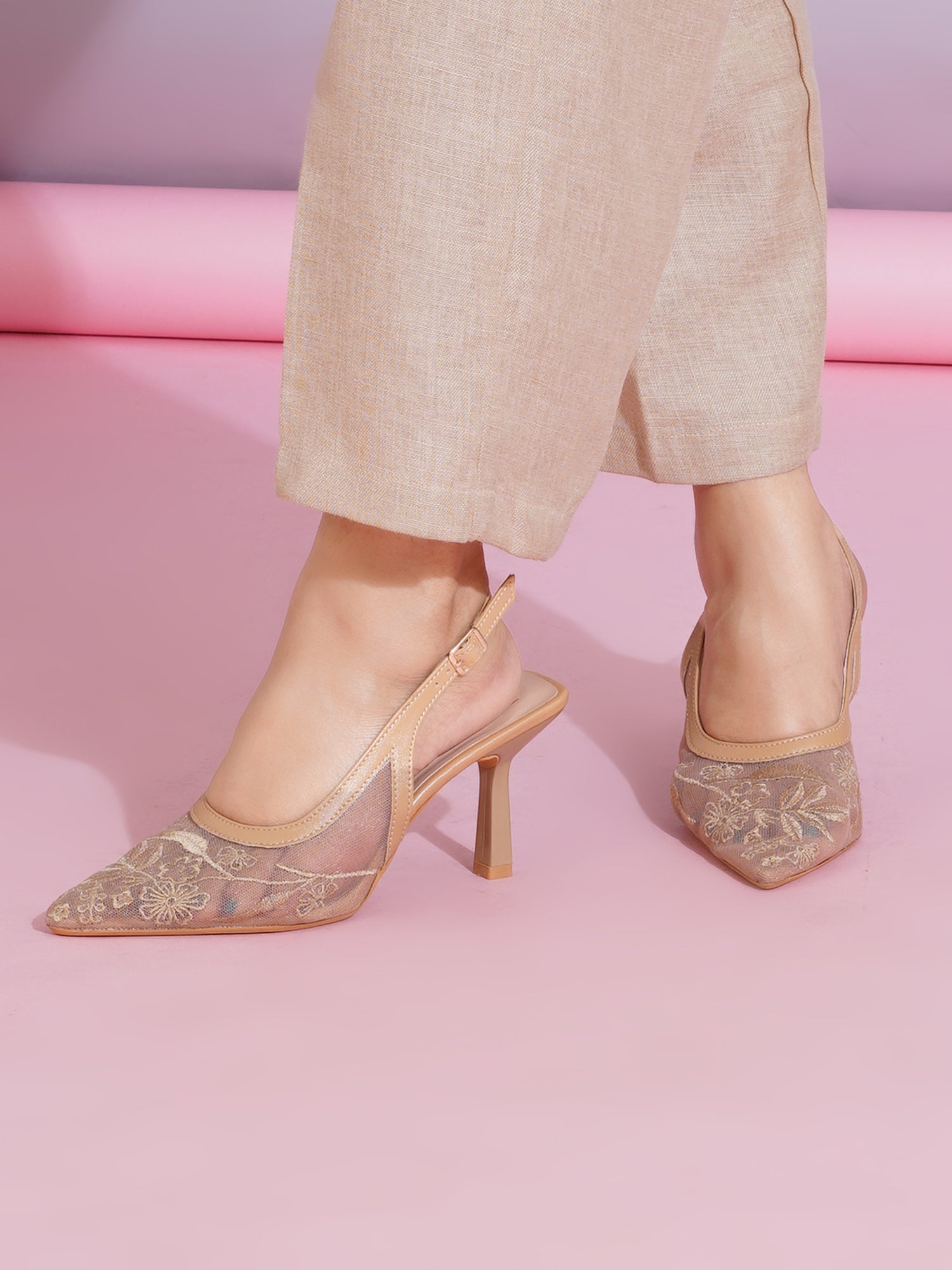 Floral Embroidered Mesh Slingback Kitten Heels