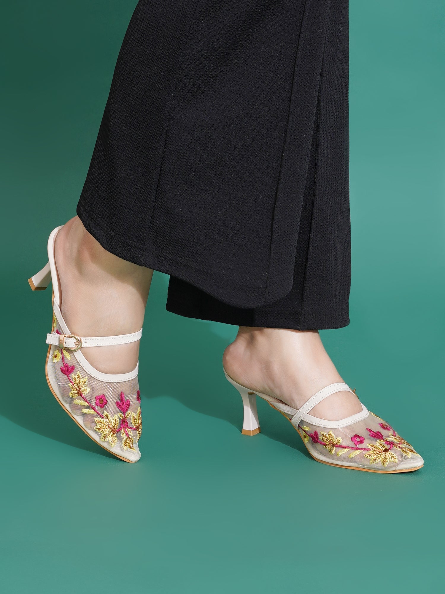 Embroidered Floral Mesh Slingback Kitten Heels