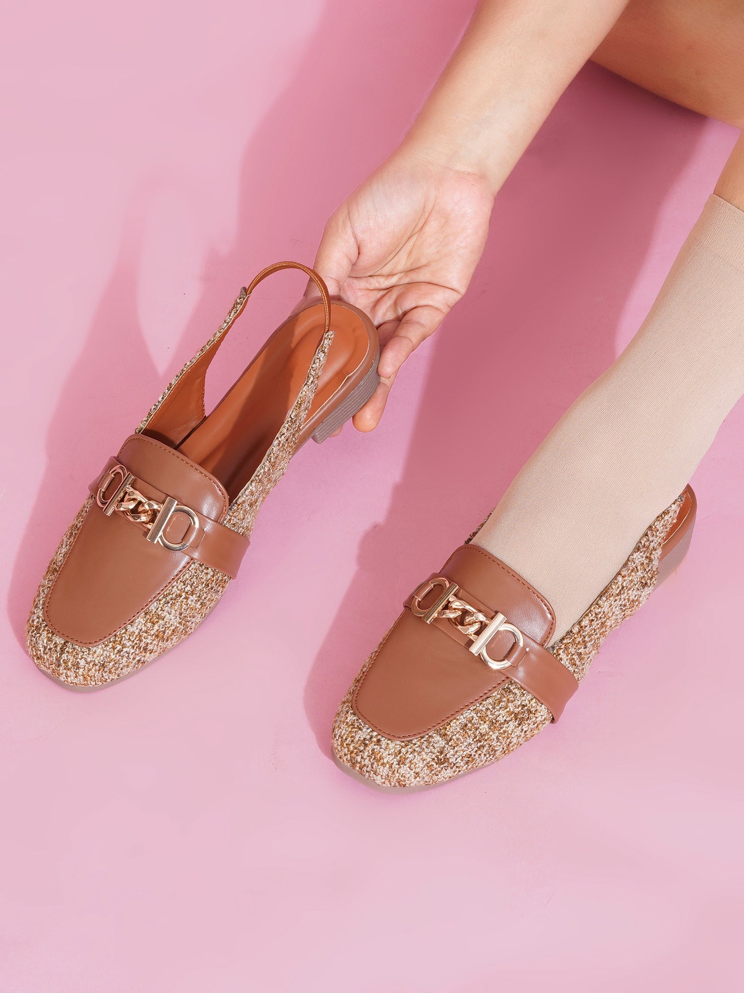 Fashion Tweed Chain Detail Slingback Mules