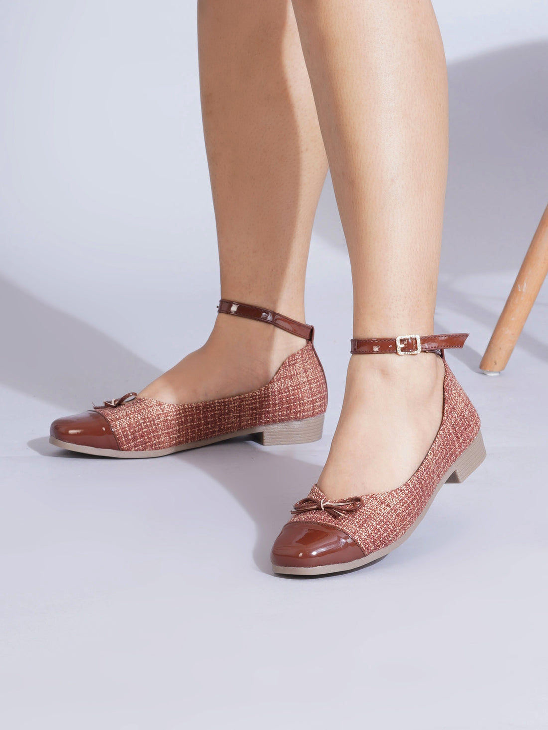 Elegant Tweed Texture Ballet Pumps Bellies with Ankle Strap