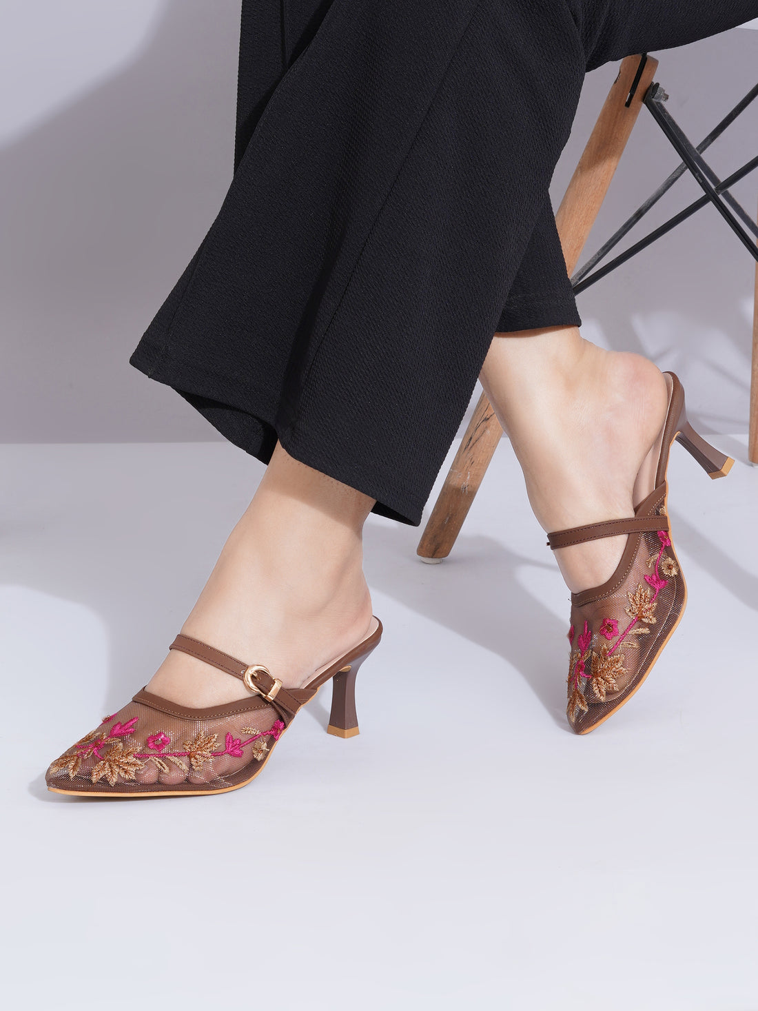 Embroidered Floral Mesh Slingback Kitten Heels