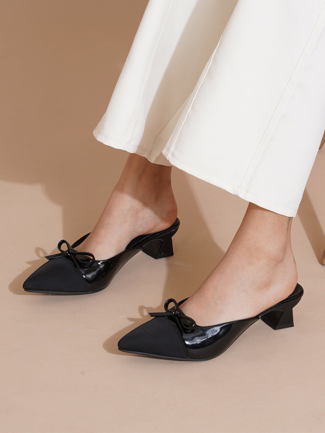 Elegant Pointed Toe Mule Heels with Bow Detail
