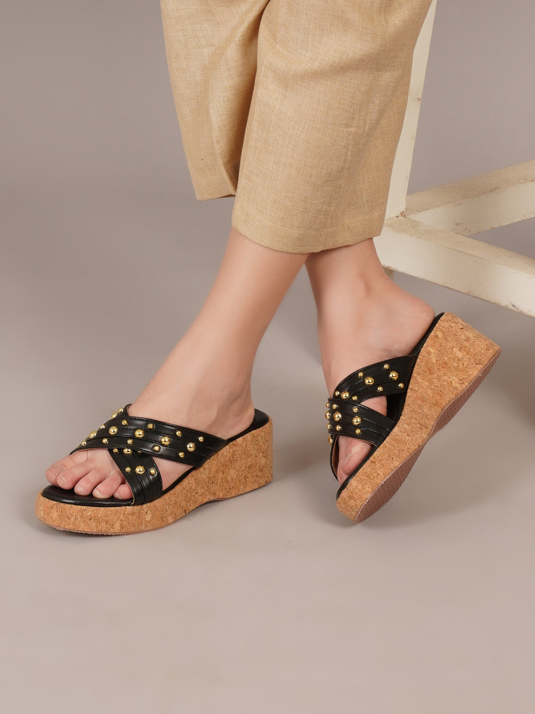Studded Cross Strap Cork Wedge Slides