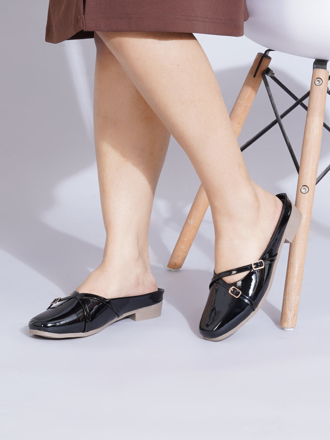 Elegant Double Strap Glossy Pointed Toe Mule Shoes