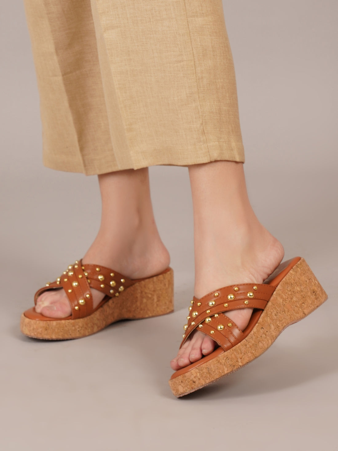 Studded Cross Strap Cork Wedge Slides