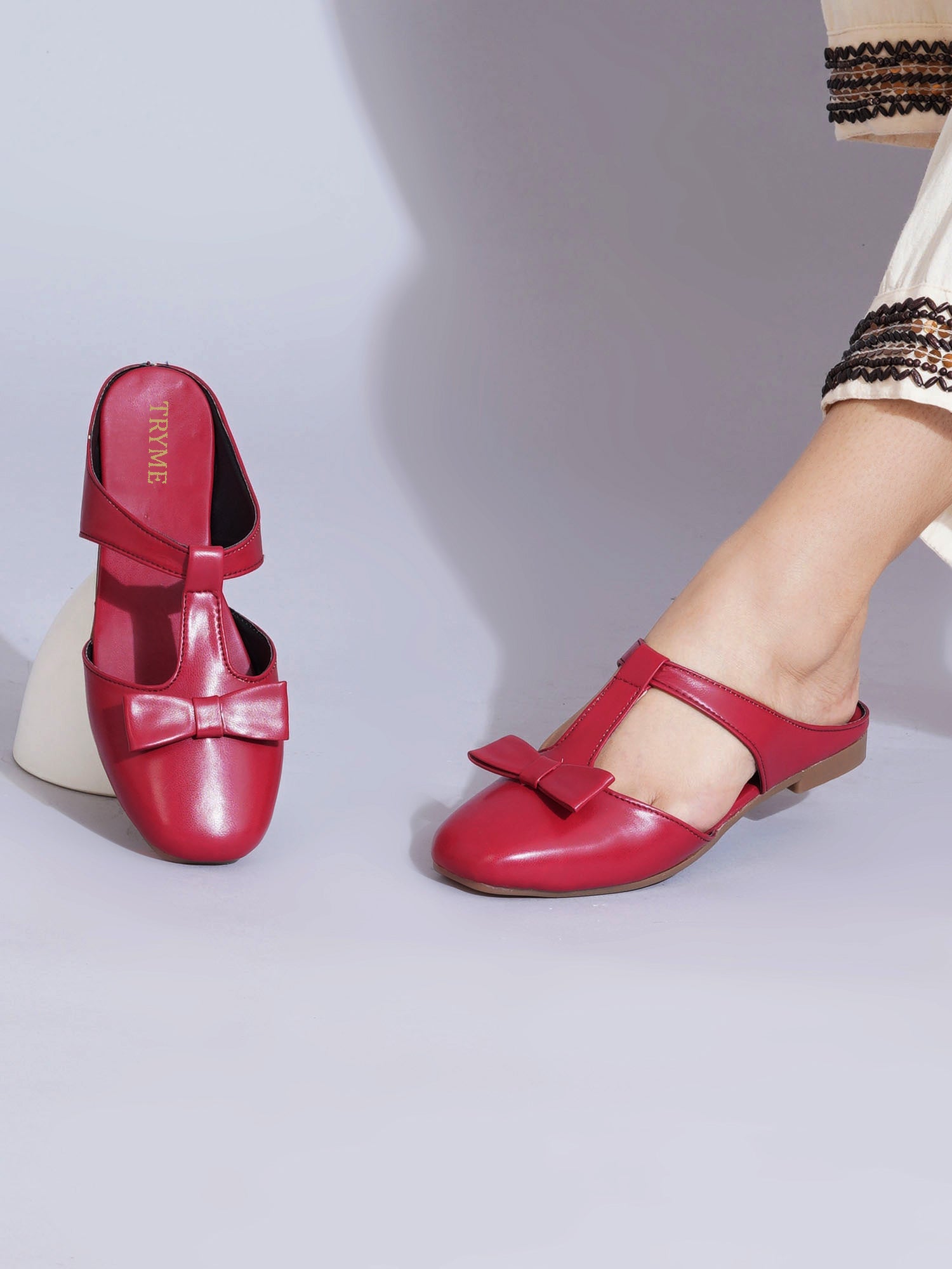 Casual Slip-On Women's Bow Detail T-Strap Mule Flats-Cherry