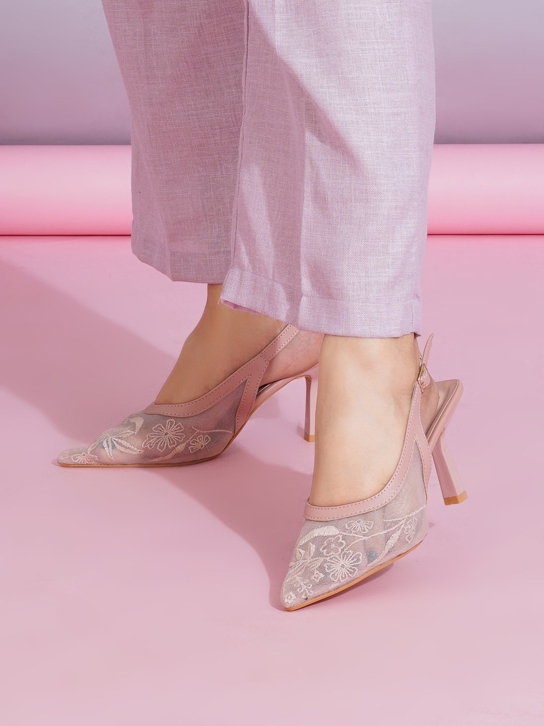 Floral Embroidered Mesh Slingback Kitten Heels