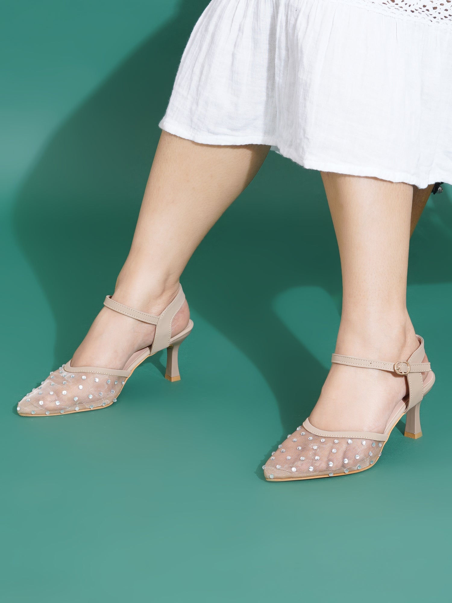 Rhinestone Mesh Pointed Toe Slingback Mules-Kitten Heel
