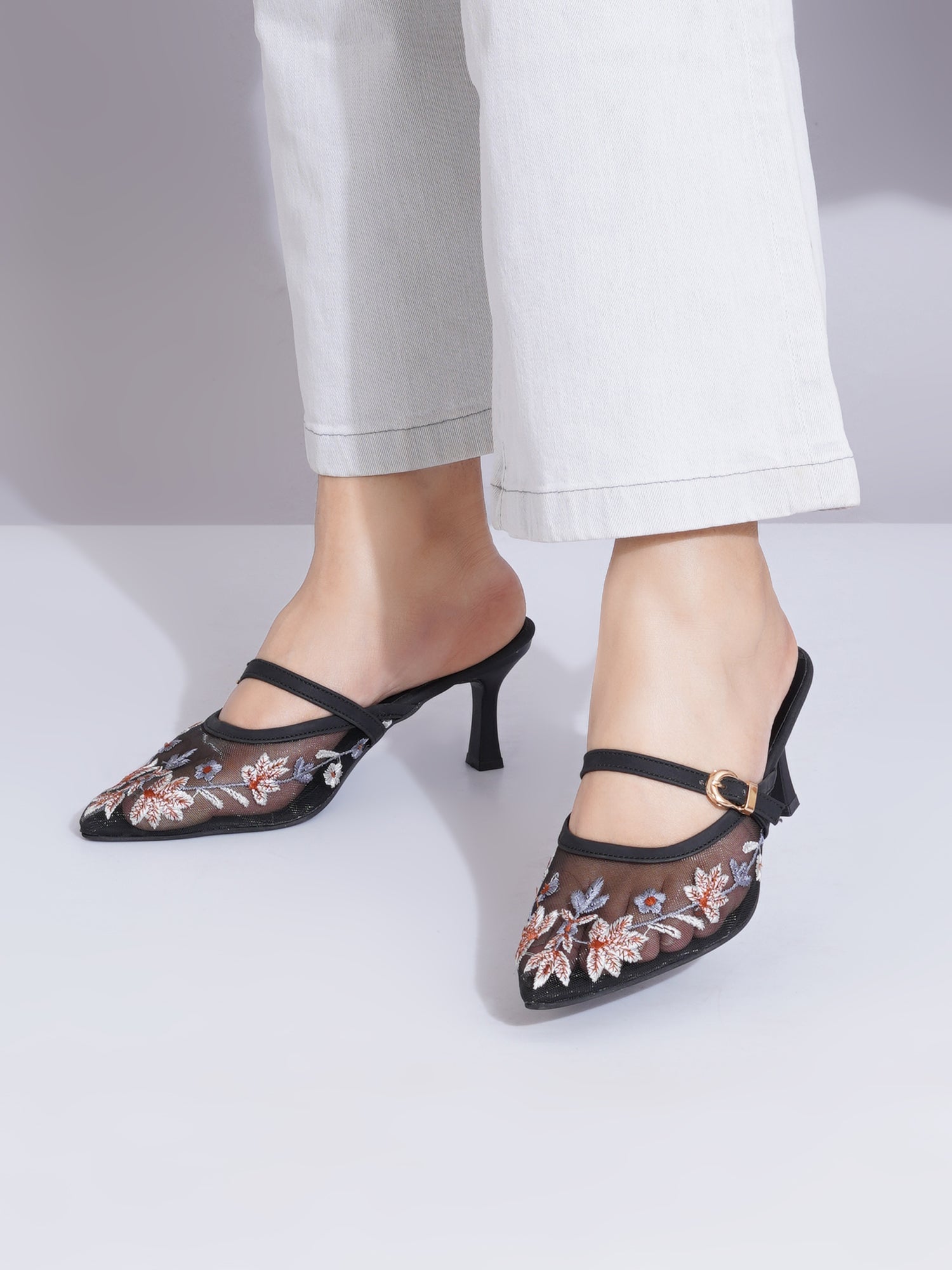 Embroidered Floral Mesh Slingback Kitten Heels