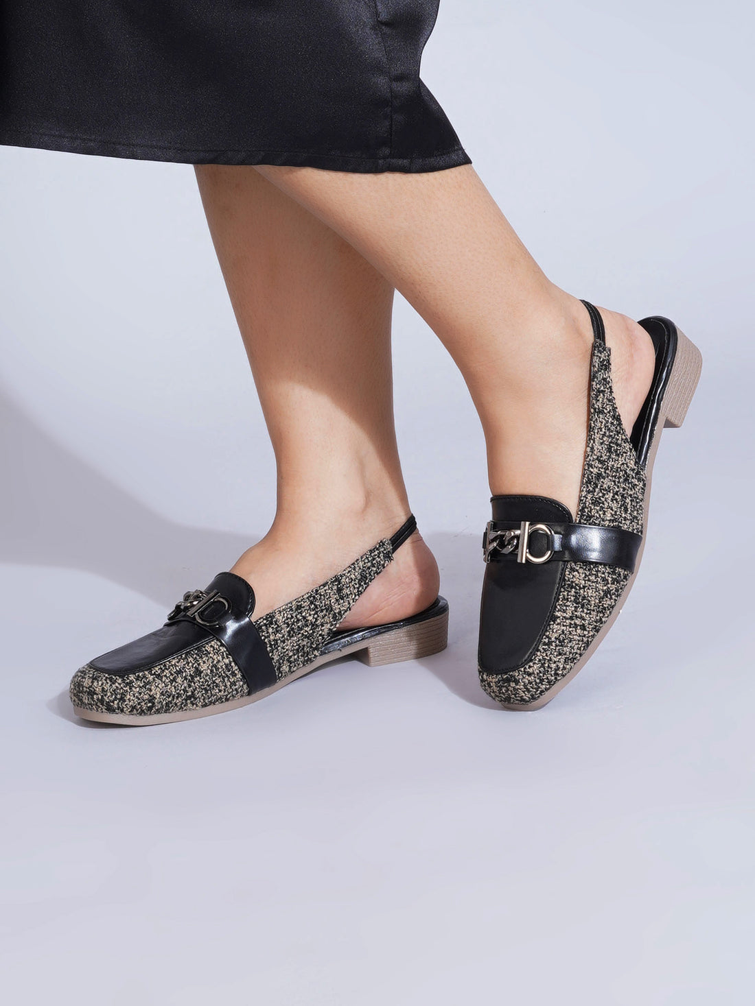 Fashion Tweed Chain Detail Slingback Mules