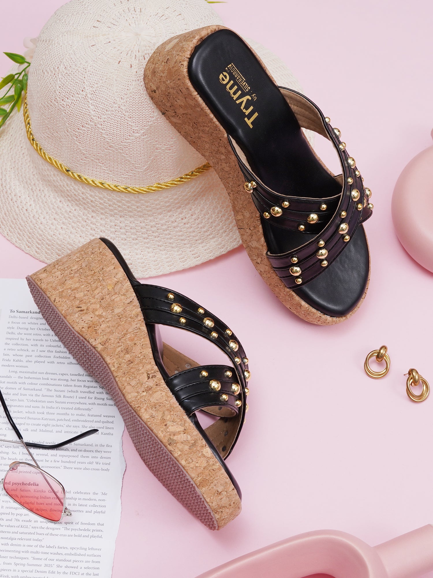 Studded Cross Strap Cork Wedge Slides