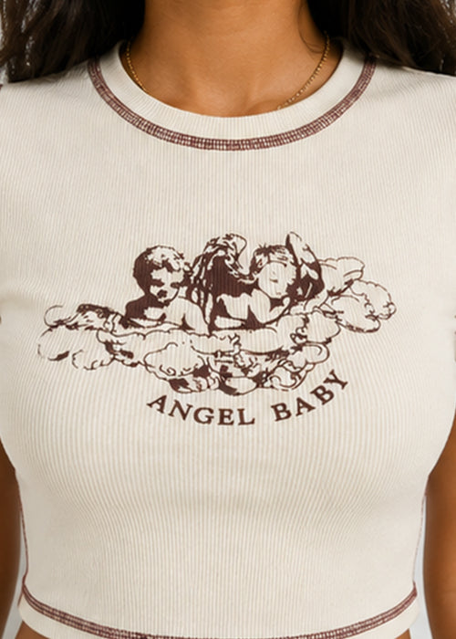 Fitted Angel Baby Graphic Printed Contrast Stitch Crop Top-White