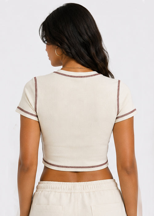 Fitted Angel Baby Graphic Printed Contrast Stitch Crop Top