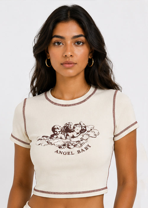 Fitted Angel Baby Graphic Printed Contrast Stitch Crop Top