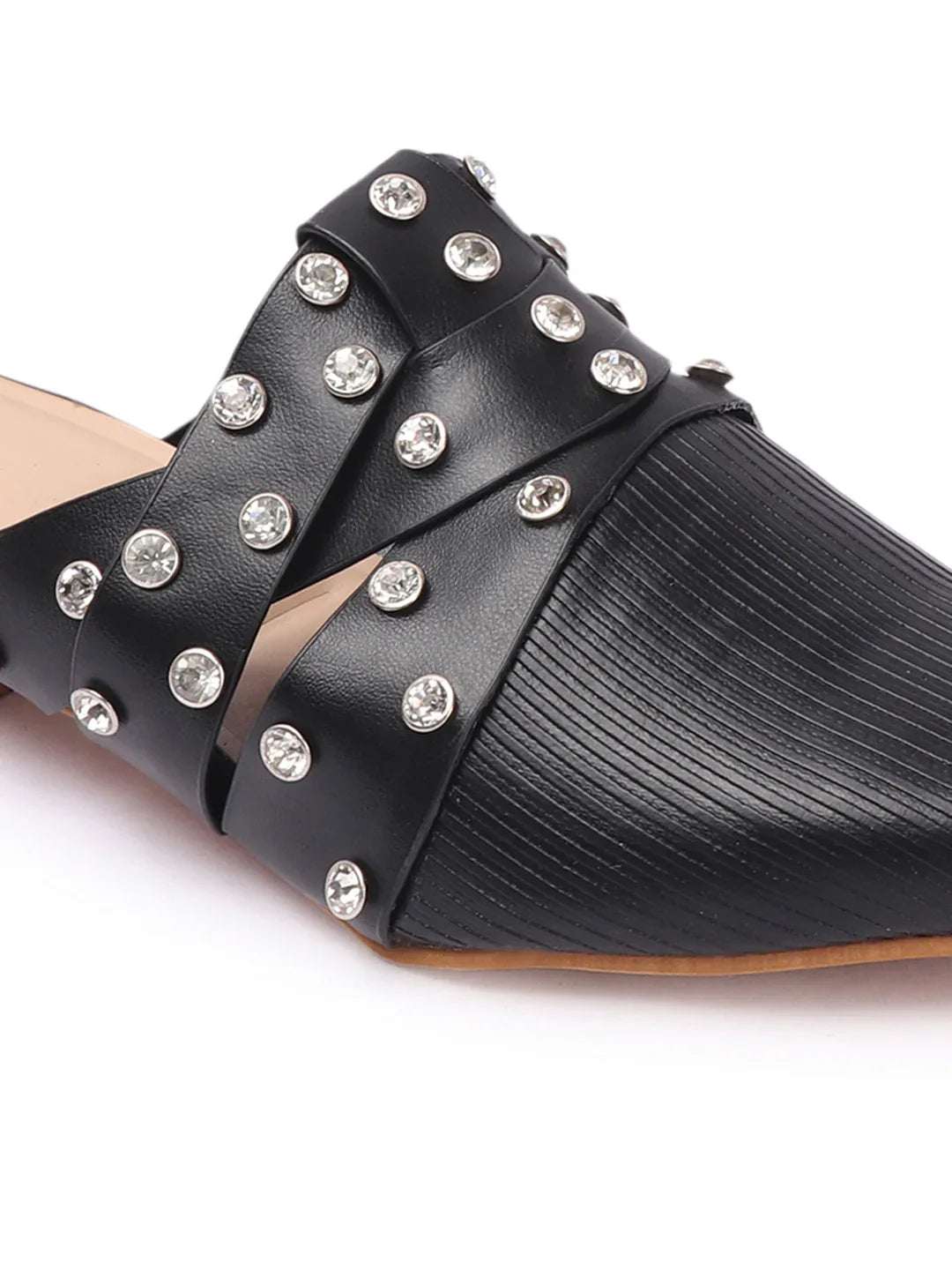 Textured Pointed Toe Studded Slip-On Mules