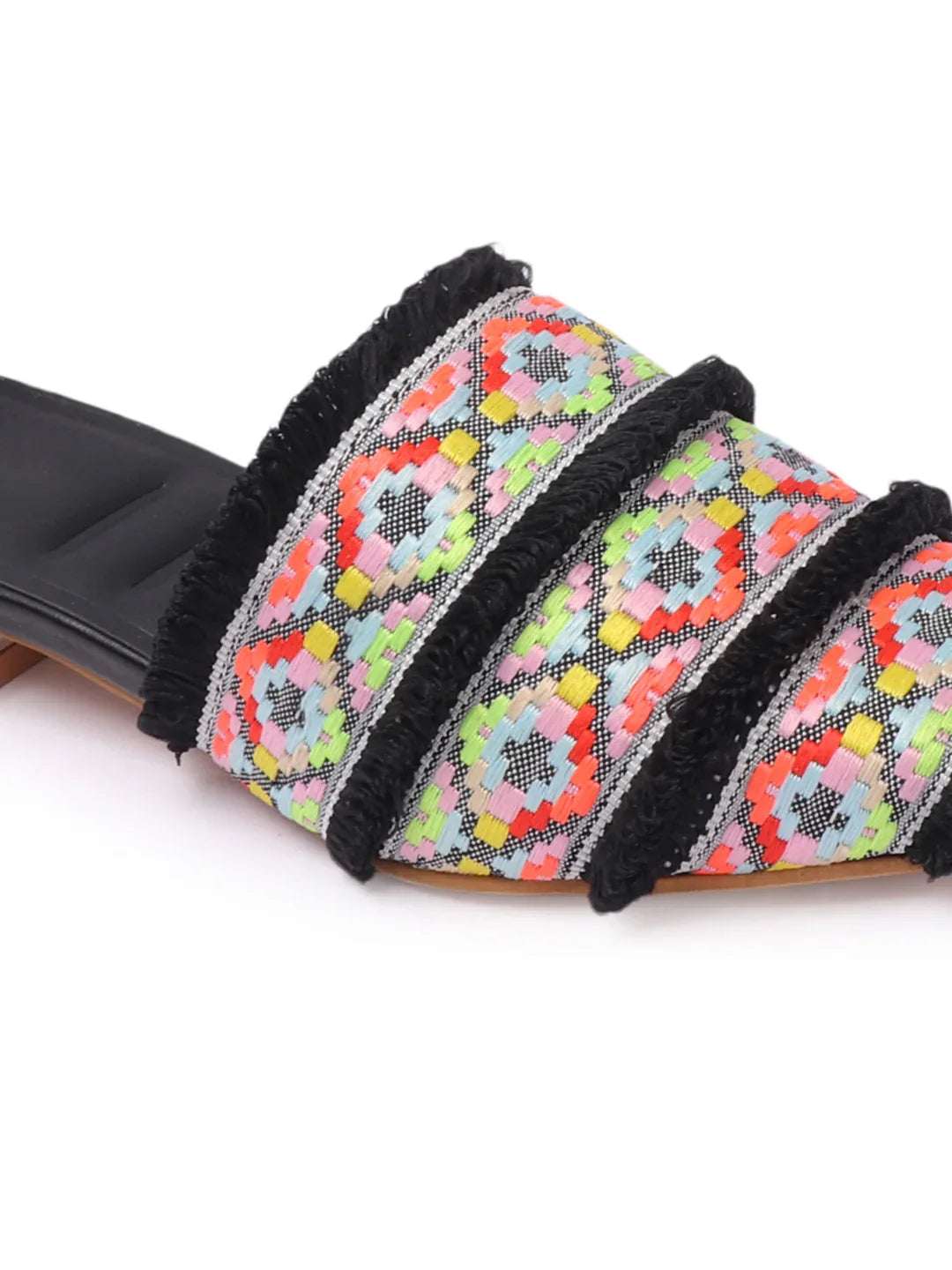 Ethnic Print Pointed Toe Mule with Fringe Accents
