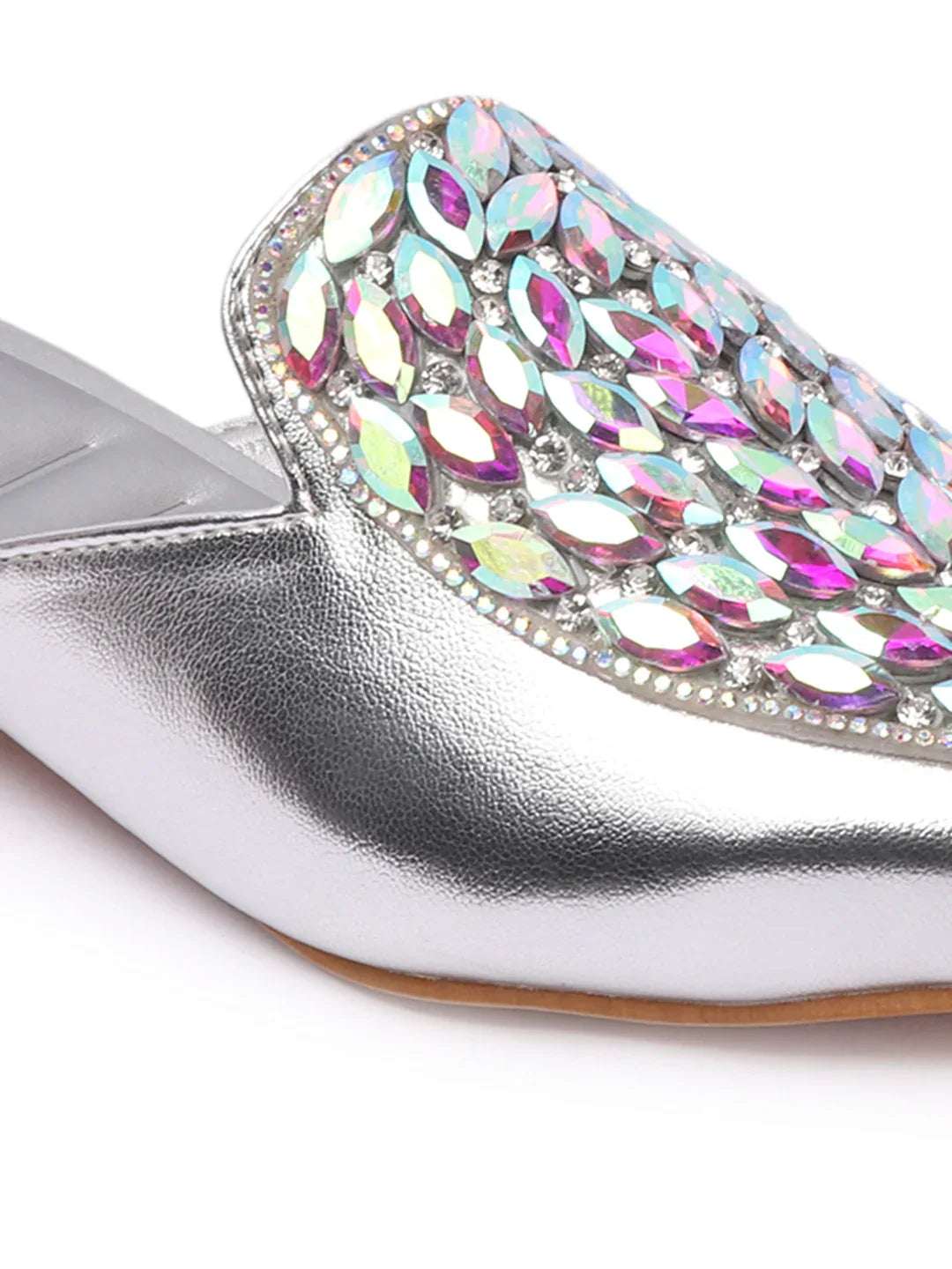 Crystal Embellished Pointed Toe Mule Flats