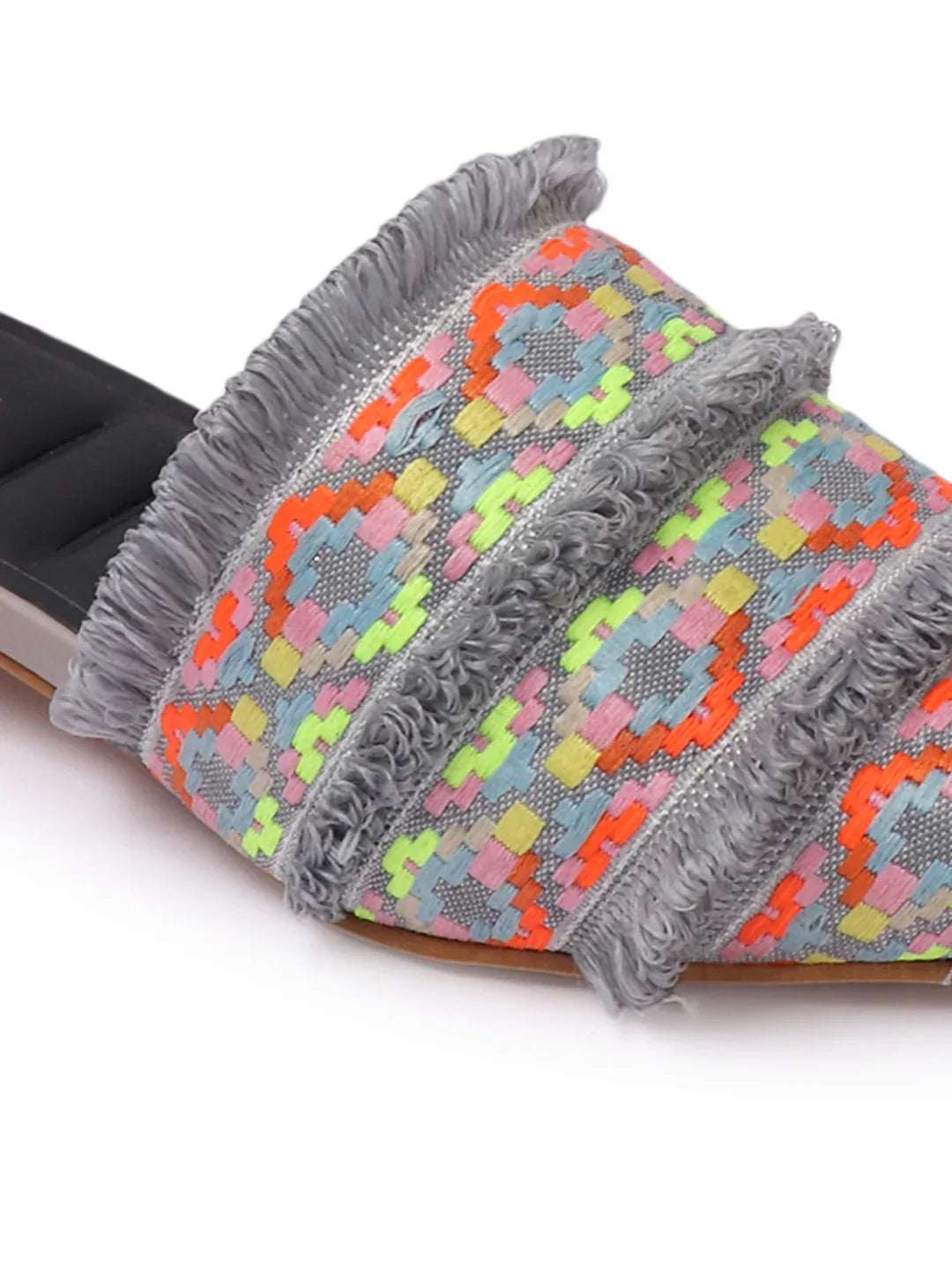 Ethnic Print Pointed Toe Mule with Fringe Accents
