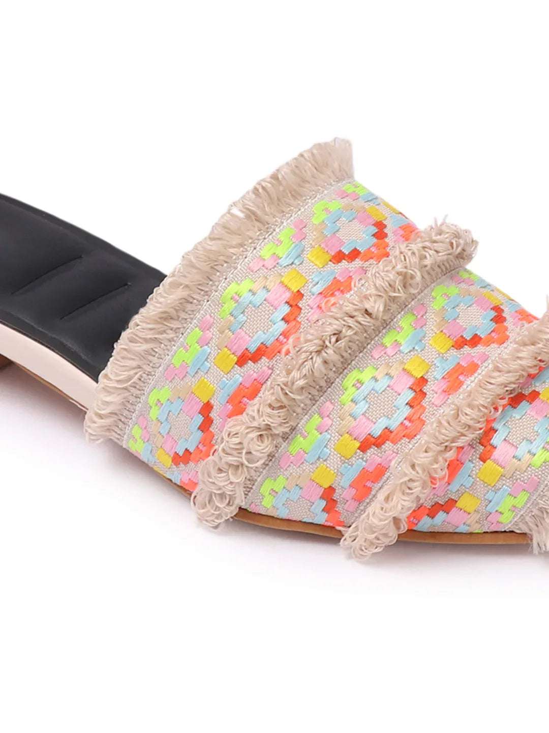 Ethnic Print Pointed Toe Mule with Fringe Accents