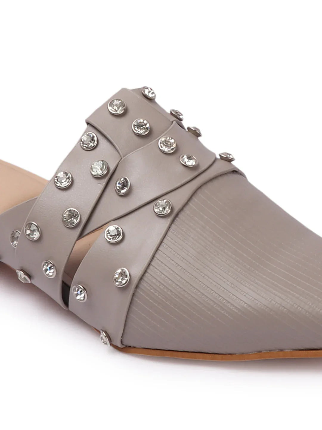 Textured Pointed Toe Studded Slip-On Mules