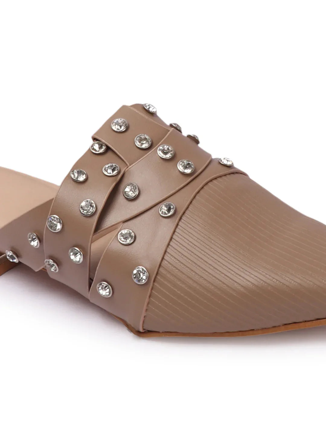 Textured Pointed Toe Studded Slip-On Mules