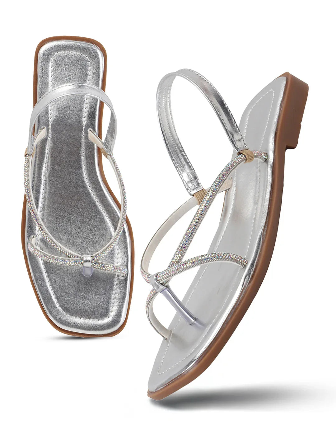 TRYME Tiny Embellished Rhinestones Slingback Flat Sandals For Women's