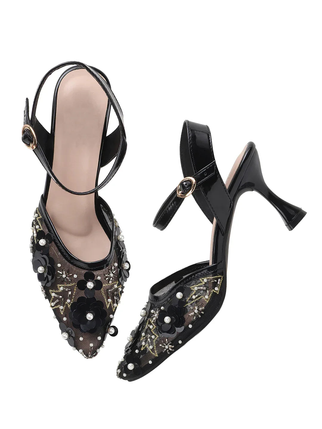 Festive Mesh Embellished Mid Heel Sandals