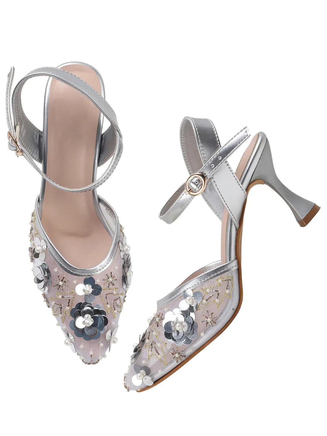 Festive Mesh Embellished Mid Heel Sandals