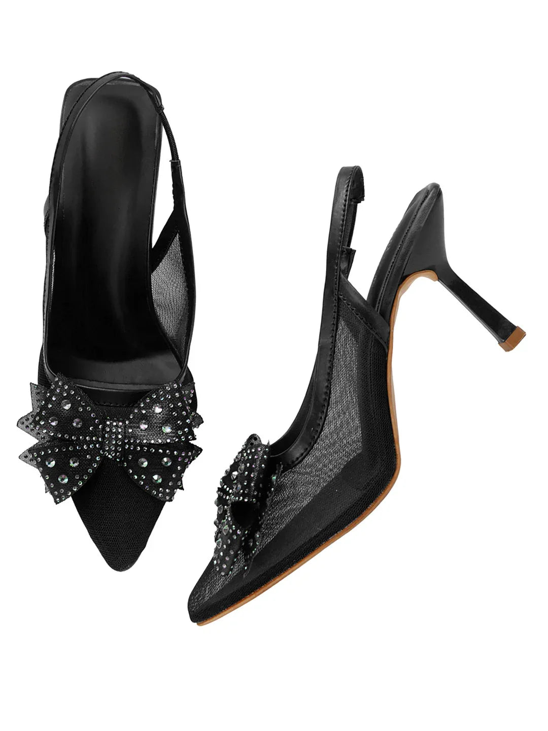 Glam Studded Bow Pointed Slingback Heels