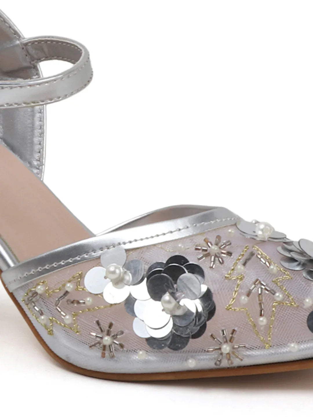 Festive Mesh Embellished Mid Heel Sandals